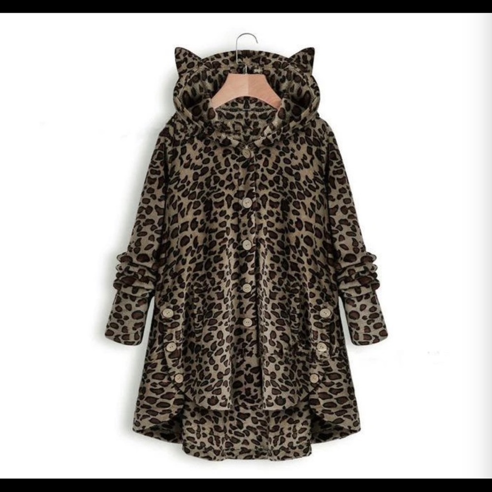 Fleece Hooded Cat Ear Pocket Cozy Oversize leopard